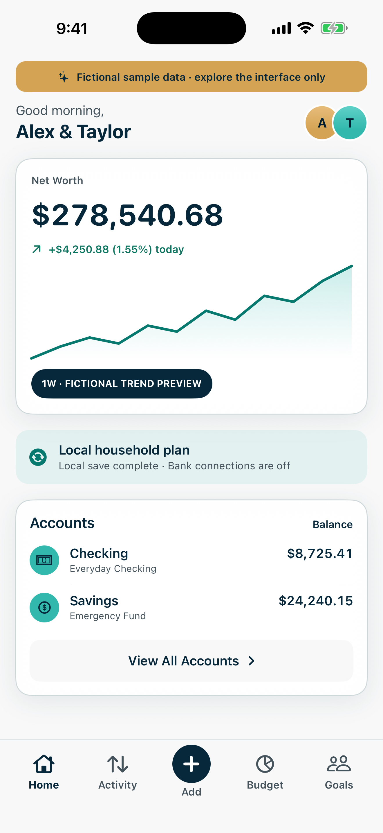 Together: Couples Finance home with clearly labeled fictional household sample data