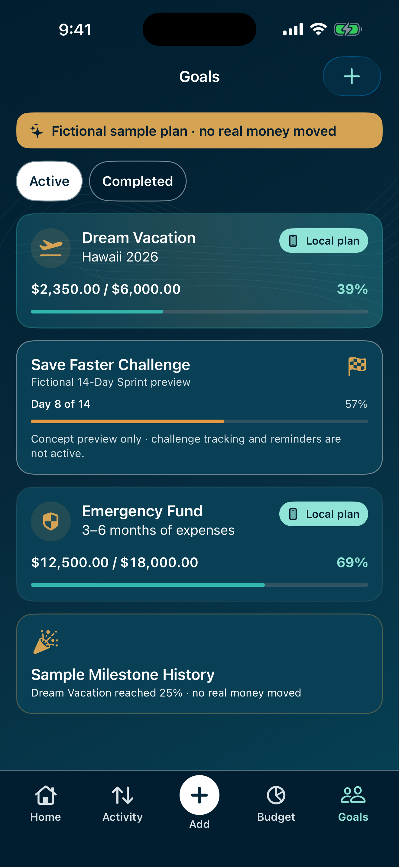 Together: Couples Finance shared savings goals with fictional sample data